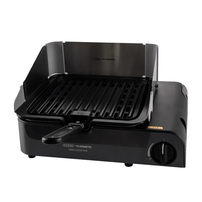 Aragaz portabil pe gaz CADAC Van Cook FFD cu placă BBQ, 1,6 kW, cu cartuș de 227 g - CampShop.ro
