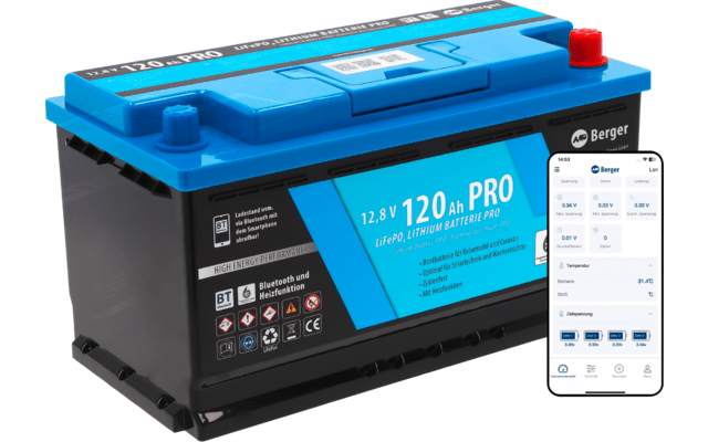 Baterie cu litiu Berger LiFePO4 PRO 120 Ah 12V cu Bluetooth (cu incalzire) - CampShop.ro