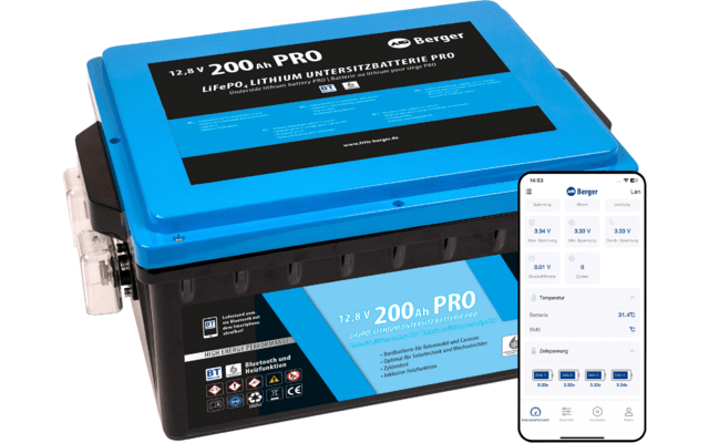 Baterie cu litiu Berger LiFePO4 Pro 200 Ah 12V cu Bluetooth și încălzitor - CampShop.ro