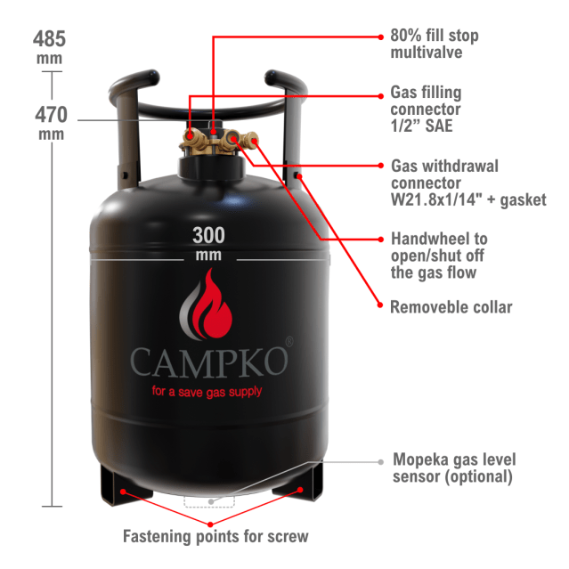 Butelie de gaz reîncărcabilă CAMPKO de 22 litri cu multivalvă 80% (Germania) - CampShop.ro