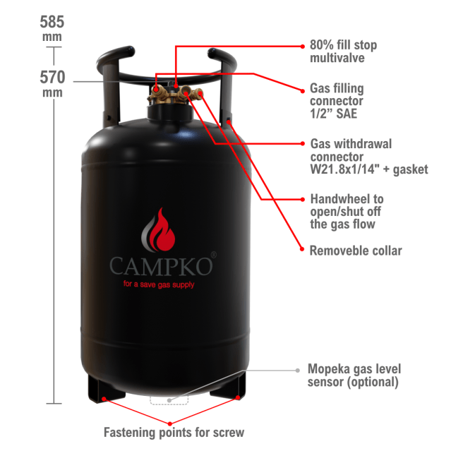 Butelie de gaz reîncărcabilă/ Tank CAMPKO de 30 litri cu multivalvă 80% (Germania) - CampShop.ro