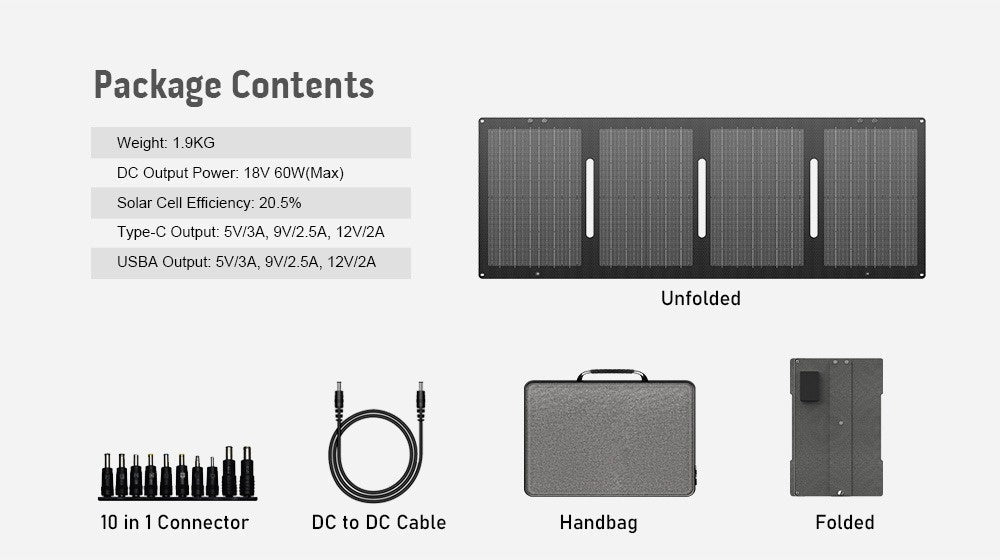 Panou solar portabil YT60, 60W, Pliabil in 4 bucati, IP67, RONIC - CampShop.ro