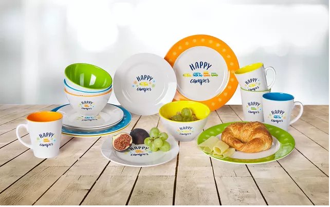 Set de vesela melaminat Berger Happy Camper colorat 16 buc - campshop.ro