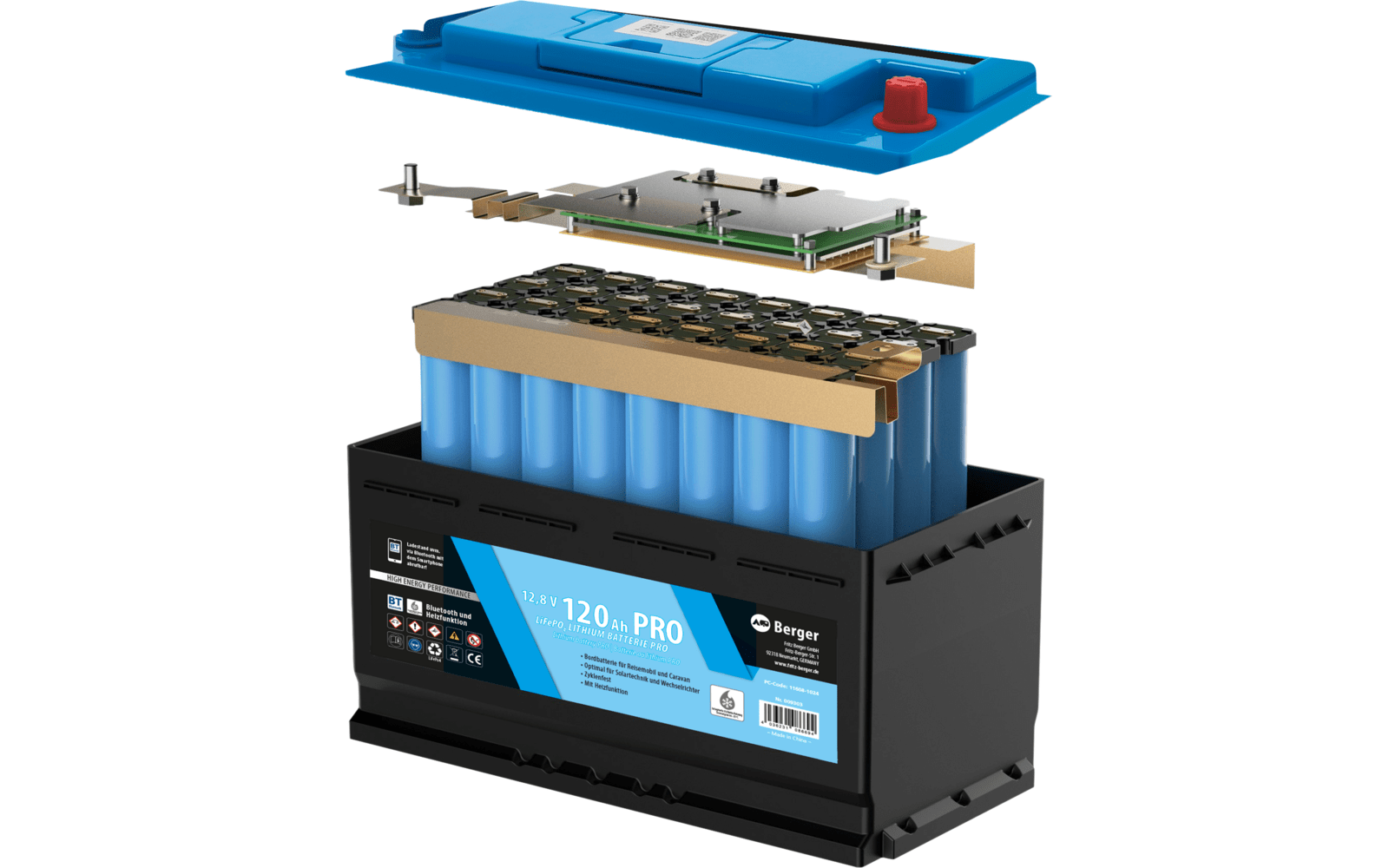 Baterie cu litiu Berger LiFePO4 PRO 120 Ah 12V cu Bluetooth (cu incalzire) - CampShop.ro