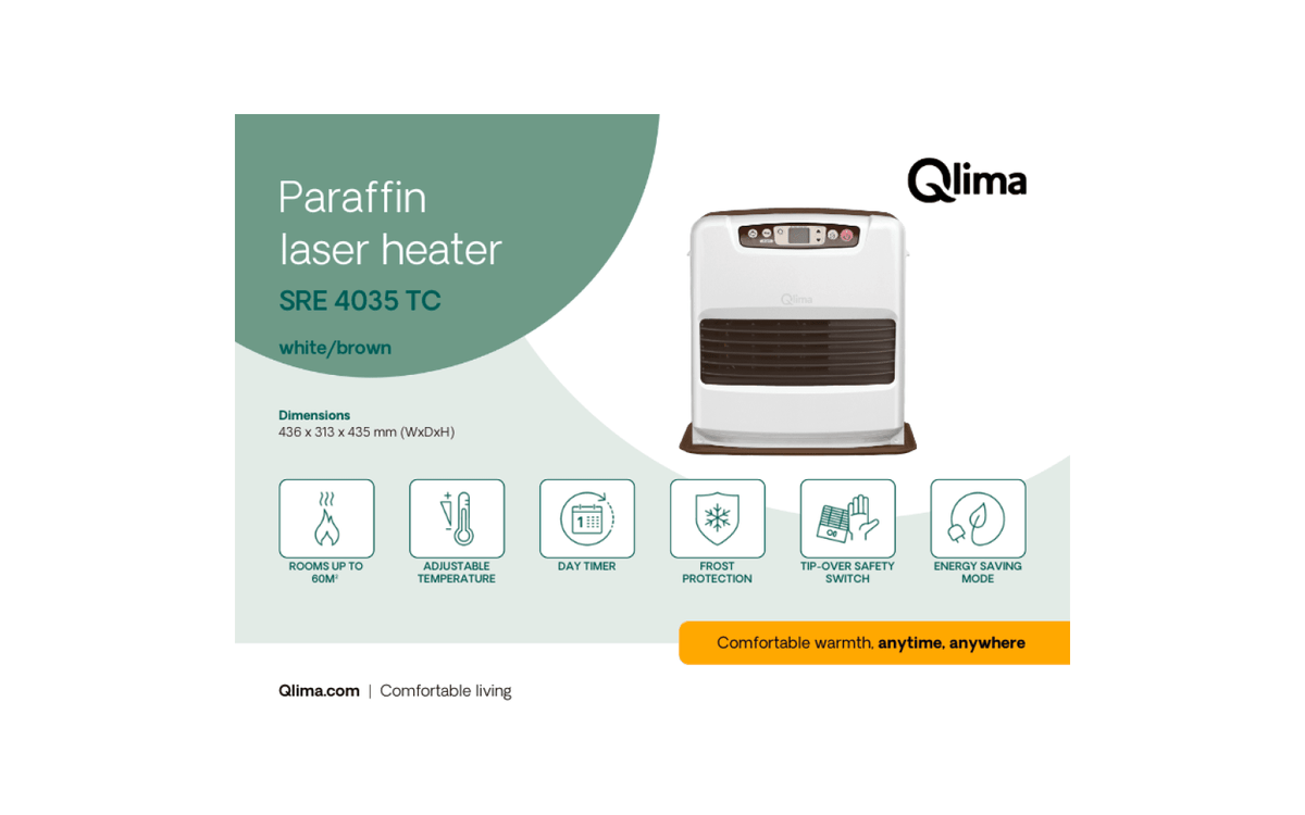 Încălzitor laser cu parafină Qlima SRE 4035 TC cu sistem de ardere de înaltă tehnologie, alb mat - CampShop.ro