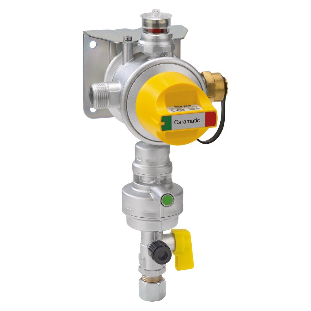 Regulator pentru doua butelii/cilindre de gaz - Caramatic DriveTwo Vertical 30 mbar, RVS 8, RVS 10 - CampShop.ro