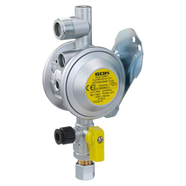 Regulator de joasa presiune pentru rulota, autorulota, 30 mbar, 1,5 kg/h, teava 10 mm, GOK