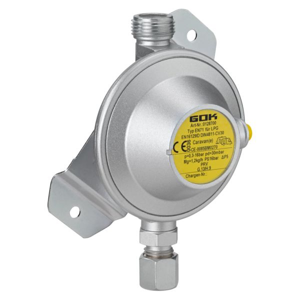 Regulator de joasa presiune, pentru rulota/autorulota, 30 mbar, 1,2 kg/h, GOK - campshop.ro