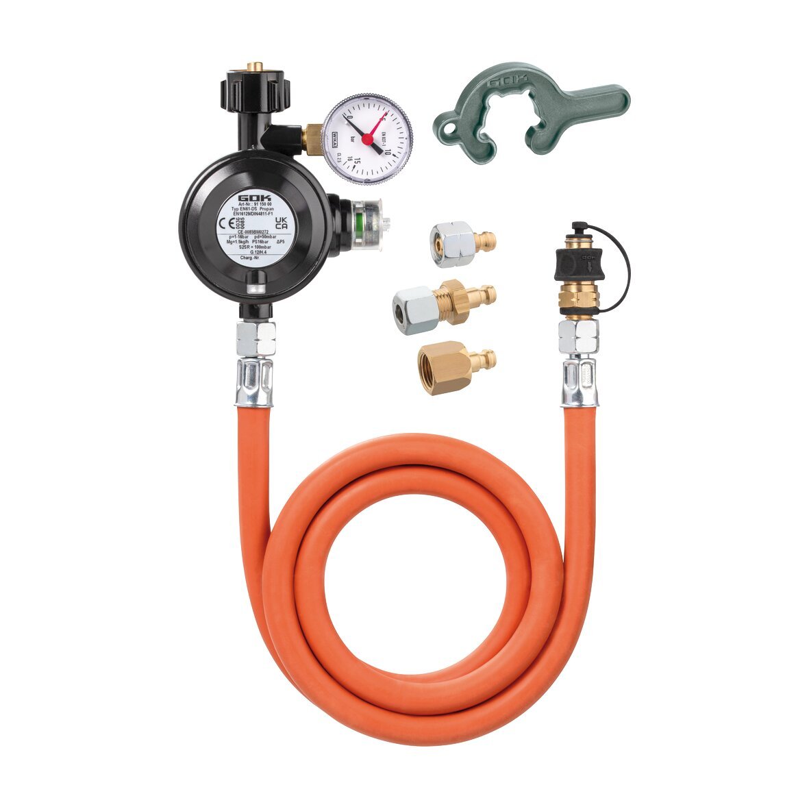 Set de regulator de gaz si furtun pentru camping, cu manometru, 150cm, 50 mbar, GOK - CampShop.ro